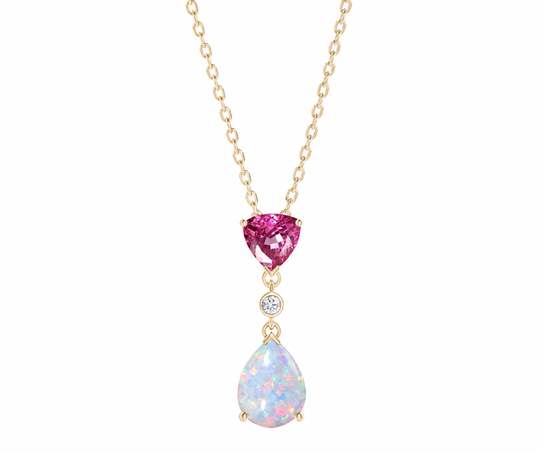 Whispervow Minimalist Opal Ruby Pendant Necklace Vintage Lab trillion Ruby Necklace Pear Shaped Fire Opal product view 4 of 4
