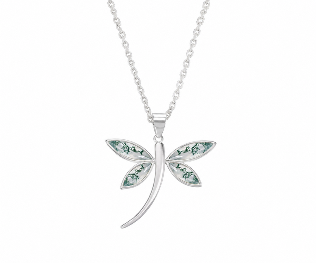 Whispervow Moss Agate Dragonfly Necklace Silver & Marquise Pendant product view 1 of 4