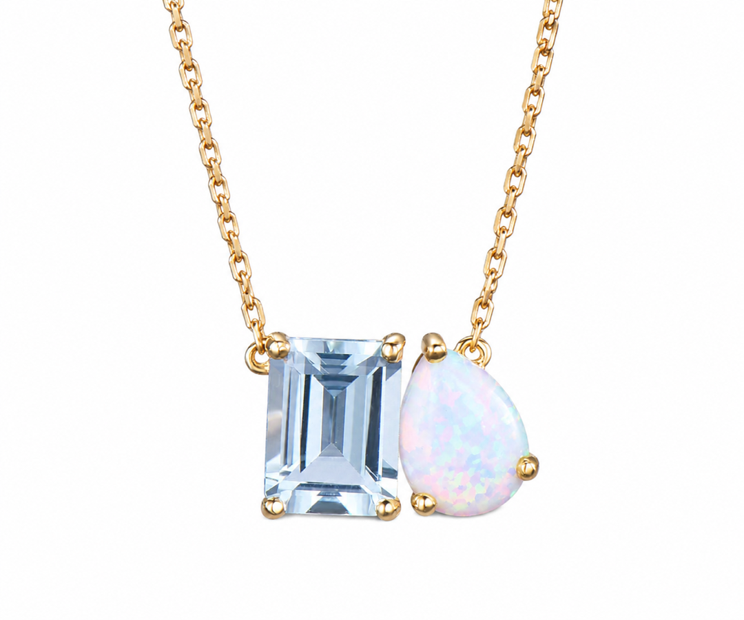 Whispervow Natural Aquamarine Opal Toi Et Moi Pendant Pear & Emerald Cut Two Stone Pendant product view 1 of 2