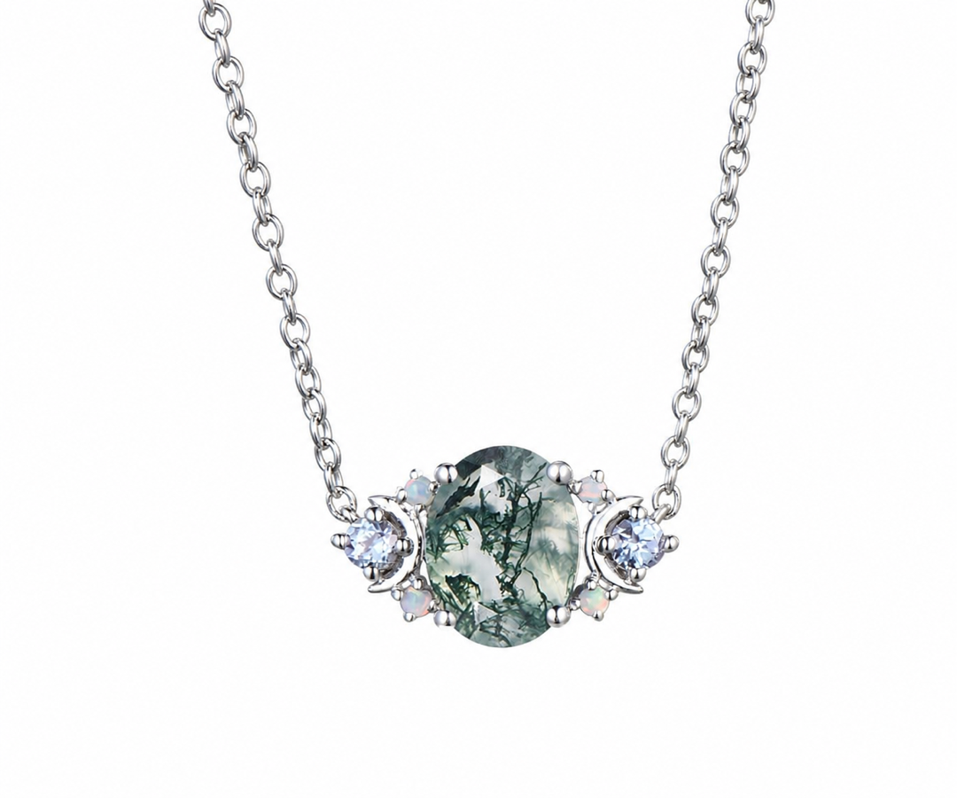 Whispervow Natural oval moss agate dainty pendant necklace art deco moon alexandrite opal pendant sterling product view 1 of 4