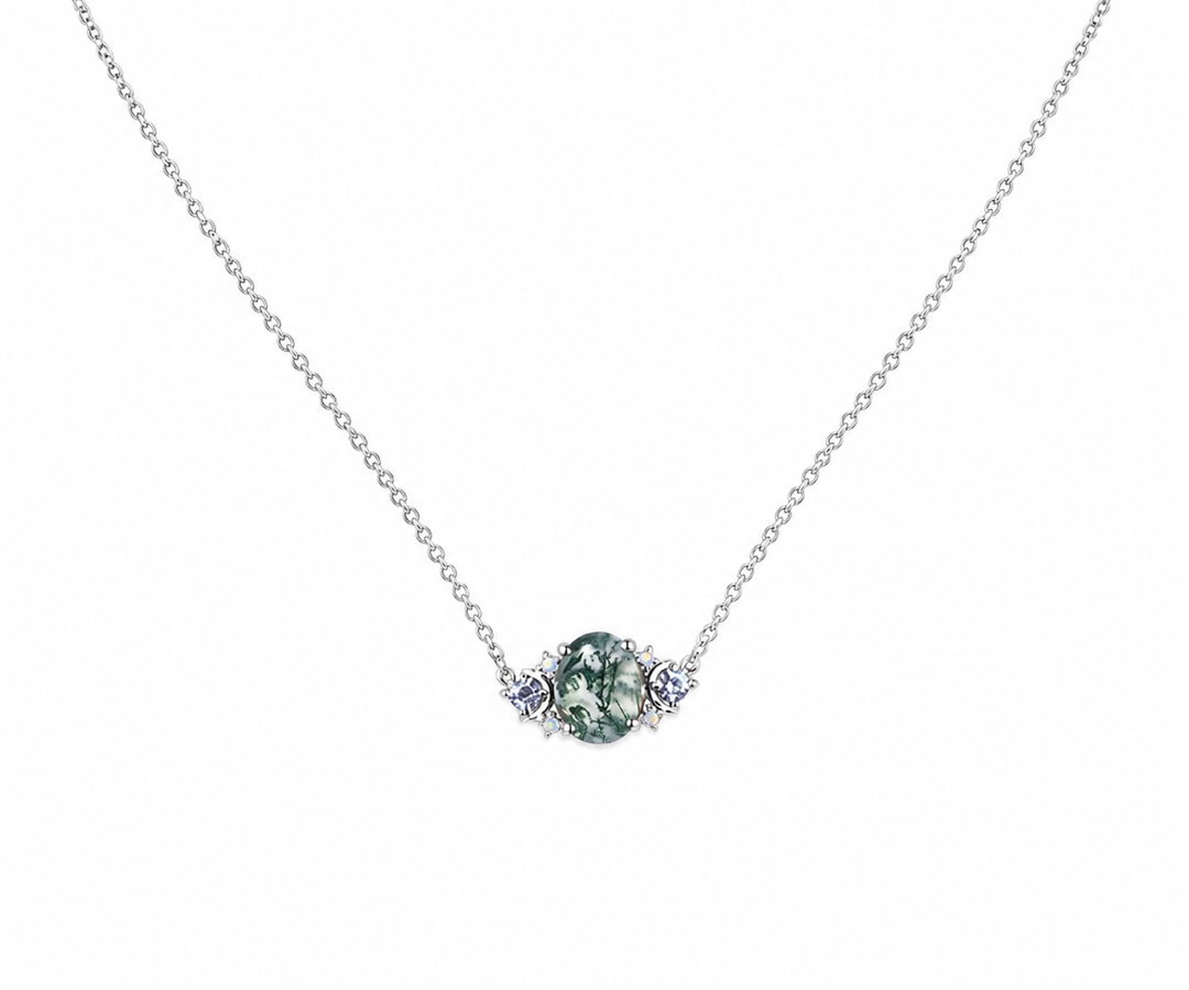 Whispervow Natural oval moss agate dainty pendant necklace art deco moon alexandrite opal pendant sterling product view 2 of 4