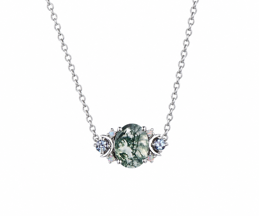 Whispervow Natural oval moss agate dainty pendant necklace art deco moon alexandrite opal pendant sterling product view 3 of 4