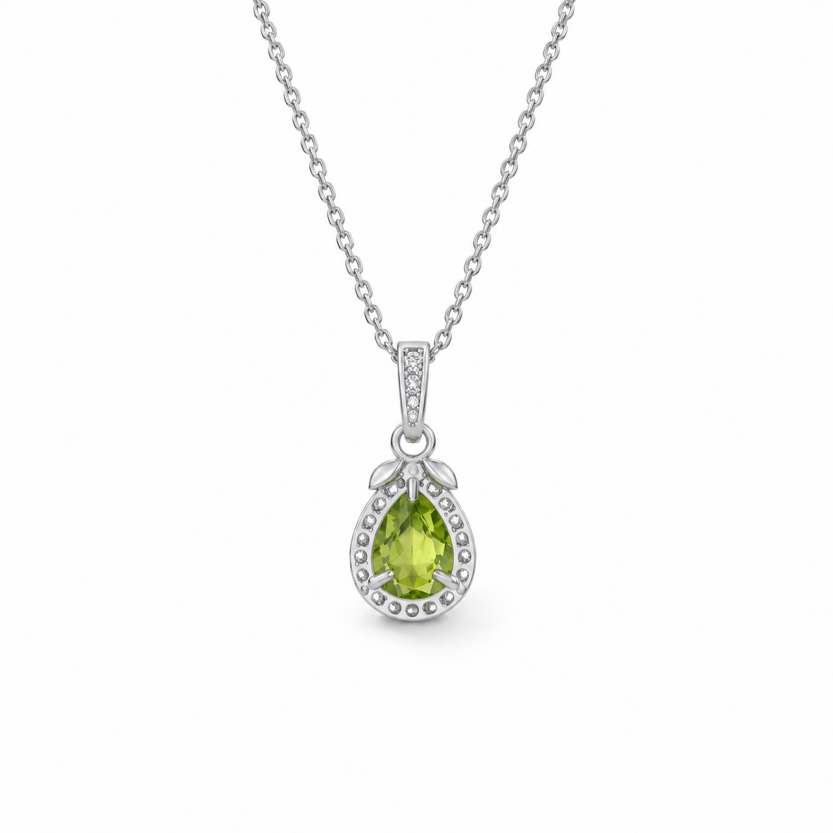 Pear-cut peridot halo necklace in sterling silver, open-back setting view on white