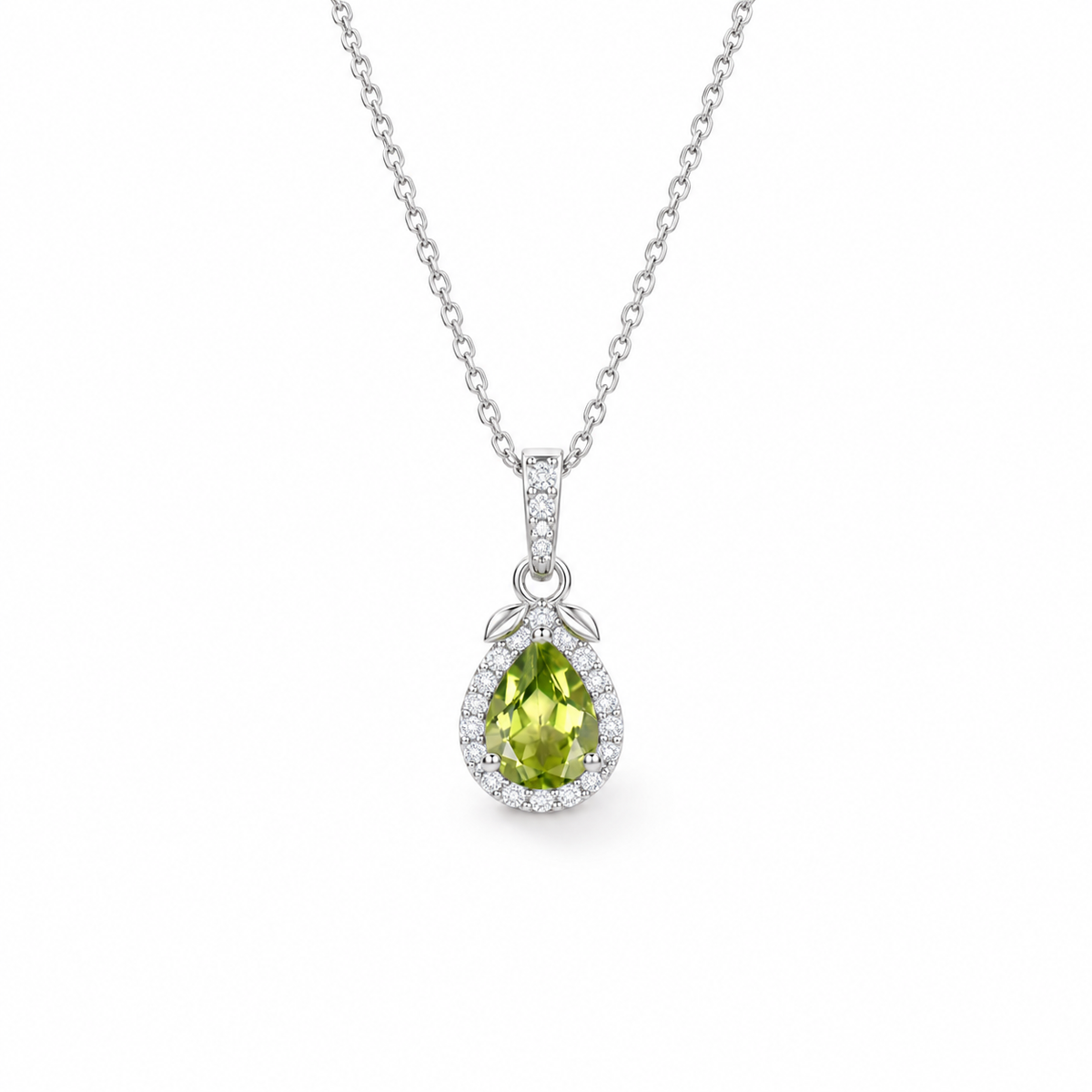 Pear-cut peridot halo necklace in sterling silver, front view on white