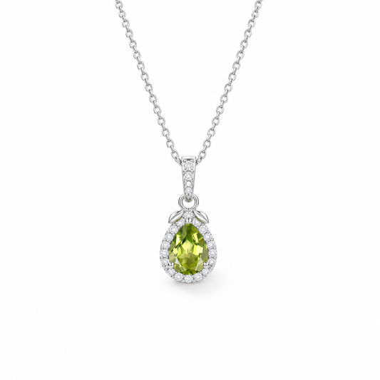 Pear-cut peridot halo necklace in sterling silver, front view on white