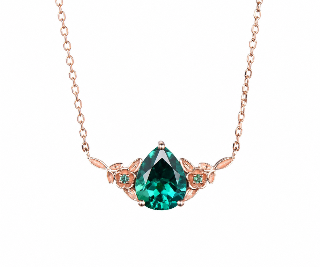 Whispervow Pear shaped green emerald necklace three stone leaf floral nature inspired pendant women anniversary product view 1 of 4