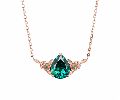 Whispervow Pear shaped green emerald necklace three stone leaf floral nature inspired pendant women anniversary product view 1 of 4
