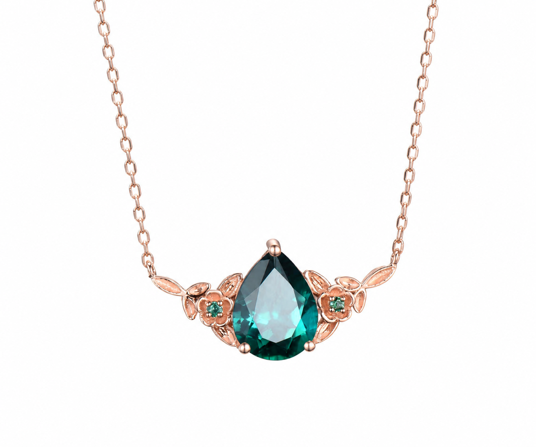 Whispervow Pear shaped green emerald necklace three stone leaf floral nature inspired pendant women anniversary product view 2 of 4