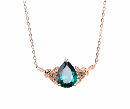 Whispervow Pear shaped green emerald necklace three stone leaf floral nature inspired pendant women anniversary product view 2 of 4