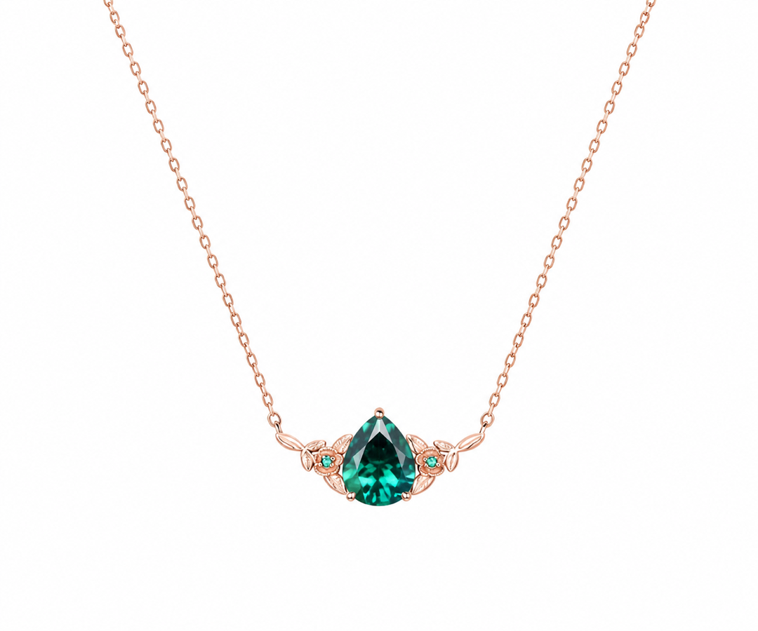 Whispervow Pear shaped green emerald necklace three stone leaf floral nature inspired pendant women anniversary product view 3 of 4