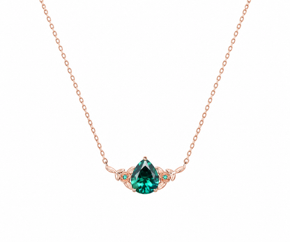 Whispervow Pear shaped green emerald necklace three stone leaf floral nature inspired pendant women anniversary product view 3 of 4