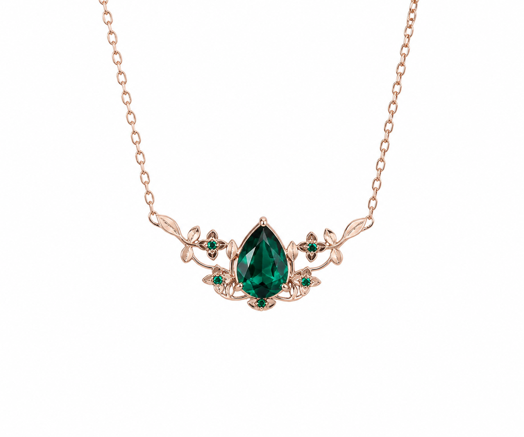Whispervow Pear shaped green emerald necklace three stone leaf floral nature inspired pendant women anniversary product view 4 of 4