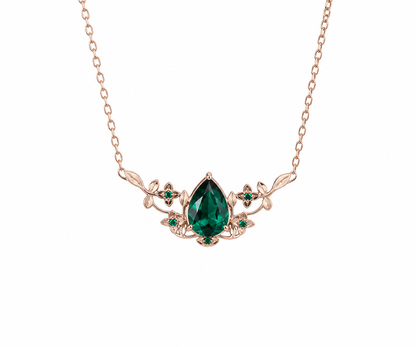 Whispervow Pear shaped green emerald necklace three stone leaf floral nature inspired pendant women anniversary product view 4 of 4