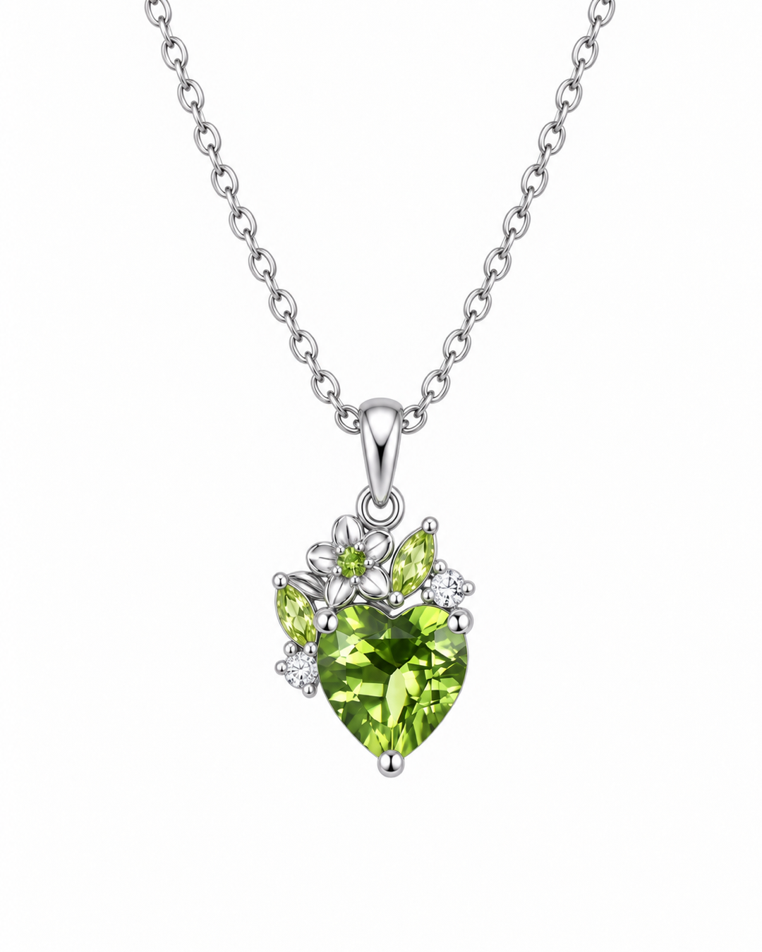Sterling silver floral crown pendant necklace with a heart-cut green peridot