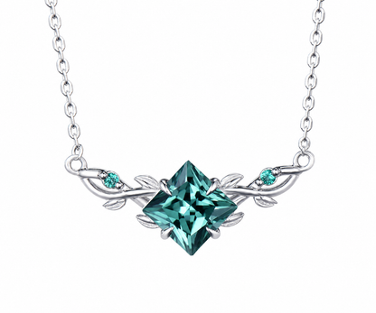 Whispervow Princess Cut Green Emerald Necklace Three Stone Leaf Vine Nature Inspired Pendant Birthday Anniversary product view 1 of 3