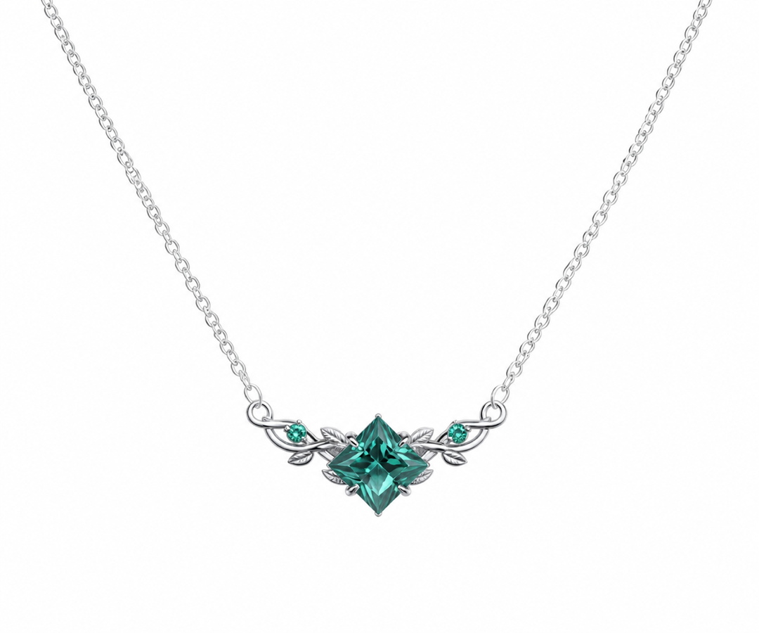Whispervow Princess Cut Green Emerald Necklace Three Stone Leaf Vine Nature Inspired Pendant Birthday Anniversary product view 2 of 3