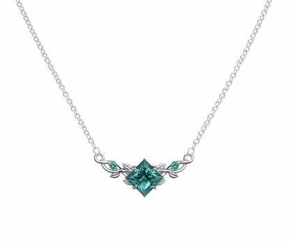 Whispervow Princess Cut Green Emerald Necklace Three Stone Leaf Vine Nature Inspired Pendant Birthday Anniversary product view 2 of 3