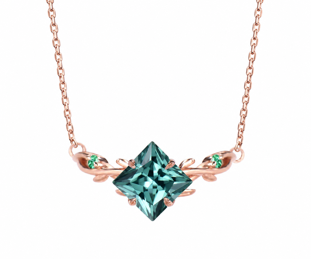 Whispervow Princess Cut Green Emerald Necklace Three Stone Leaf Vine Nature Inspired Pendant Birthday Anniversary product view 3 of 3