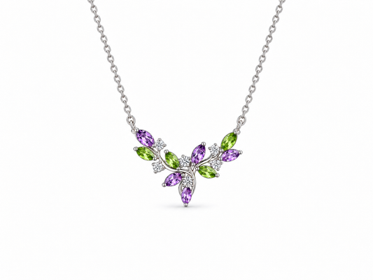Silver purple and green floral vine necklace, front view