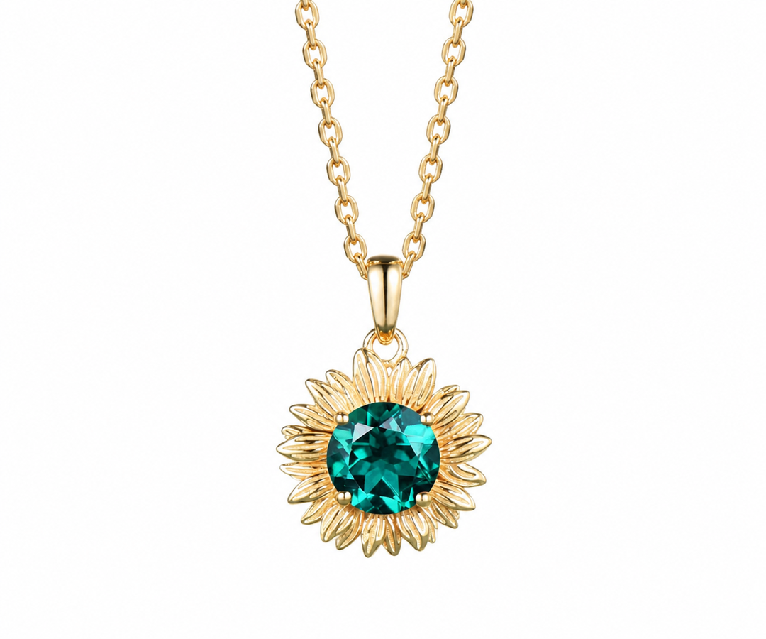 Whispervow Sunflower Drop Necklace Round Emerald Floral Pendant Green Gemstone Nature Inspired Jewelry Gift Women product view 1 of 4