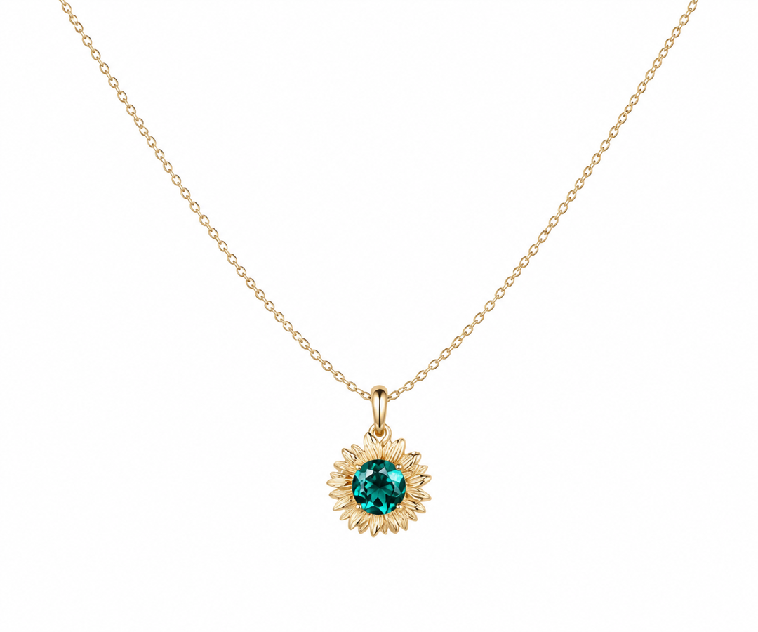 Whispervow Sunflower Drop Necklace Round Emerald Floral Pendant Green Gemstone Nature Inspired Jewelry Gift Women product view 3 of 4