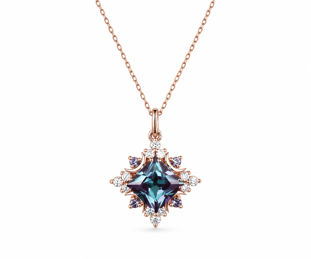 Whispervow Unique Princess Cut Alexandrite Necklace Celestial Moon Charm Necklace Halo Moissanite Diamond Pendant Anniversary product view 1 of 3