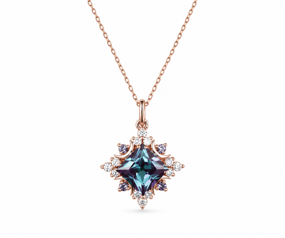 Whispervow Unique Princess Cut Alexandrite Necklace Celestial Moon Charm Necklace Halo Moissanite Diamond Pendant Anniversary product view 1 of 3