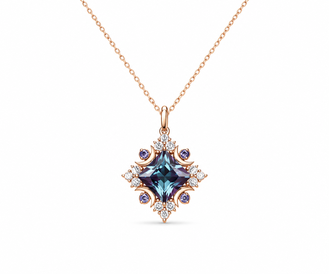Whispervow Unique Princess Cut Alexandrite Necklace Celestial Moon Charm Necklace Halo Moissanite Diamond Pendant Anniversary product view 2 of 3