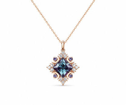 Whispervow Unique Princess Cut Alexandrite Necklace Celestial Moon Charm Necklace Halo Moissanite Diamond Pendant Anniversary product view 2 of 3