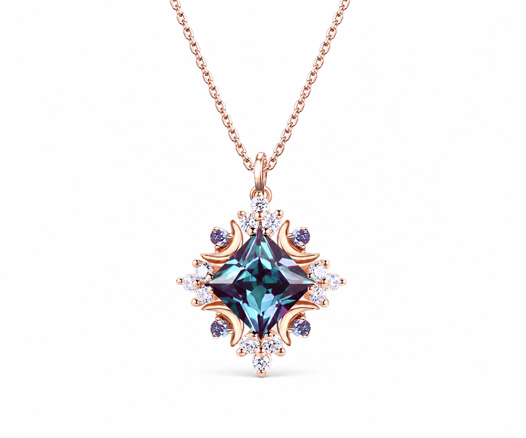Whispervow Unique Princess Cut Alexandrite Necklace Celestial Moon Charm Necklace Halo Moissanite Diamond Pendant Anniversary product view 3 of 3