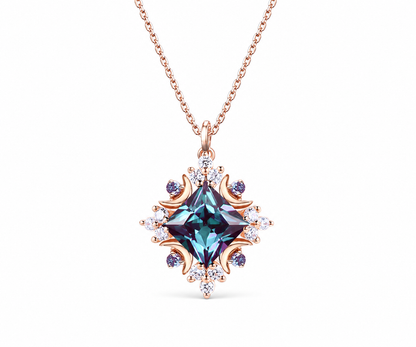 Whispervow Unique Princess Cut Alexandrite Necklace Celestial Moon Charm Necklace Halo Moissanite Diamond Pendant Anniversary product view 3 of 3