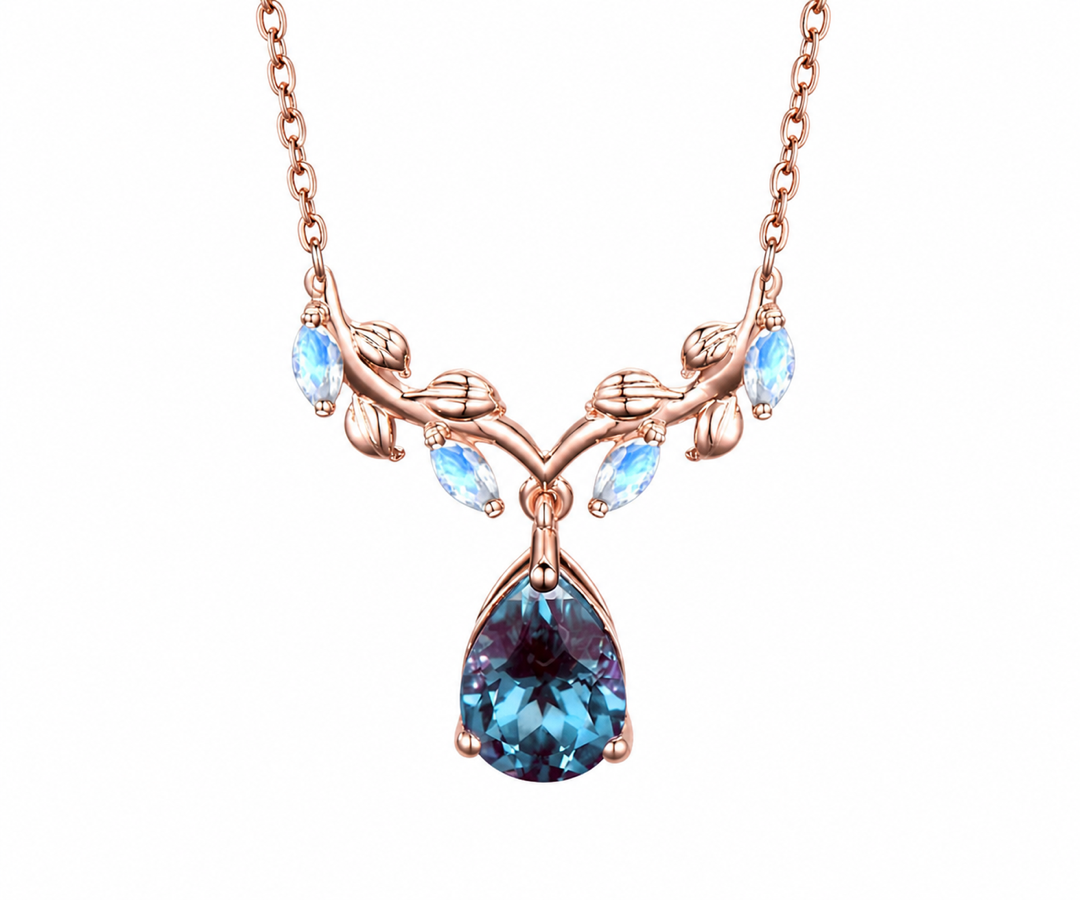 Whispervow Unique Teardrop Alexandrite Necklace Nature Inspired Leaf Necklace Marquise Moonstone Wedding Necklace Branch Pendant product view 1 of 4