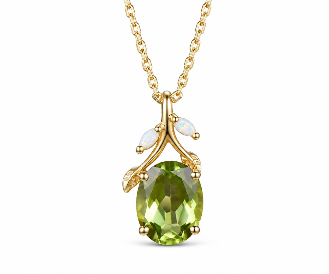Whispervow Vintage 2ct Oval Cut Natural Peridot Pendant Necklace Peridot Opal Leaf Branch Twig Necklace product view 1 of 4
