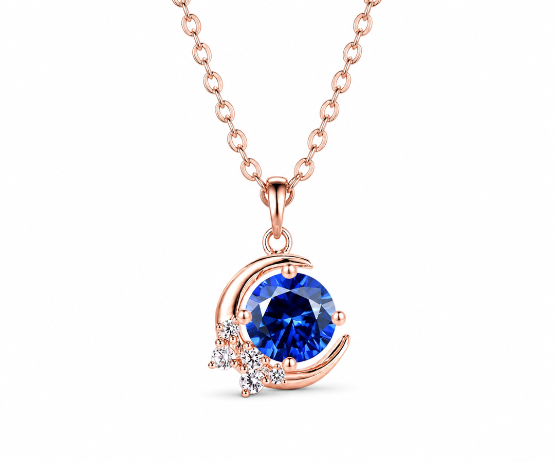Whispervow Vintage round blue sapphire necklace moon cluster diamond unique Pendant women gemstone anniversary gift product view 1 of 4