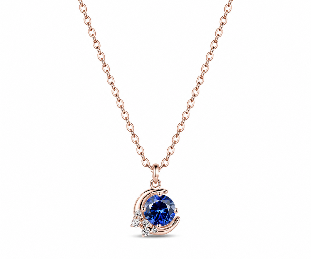 Whispervow Vintage round blue sapphire necklace moon cluster diamond unique Pendant women gemstone anniversary gift product view 2 of 4