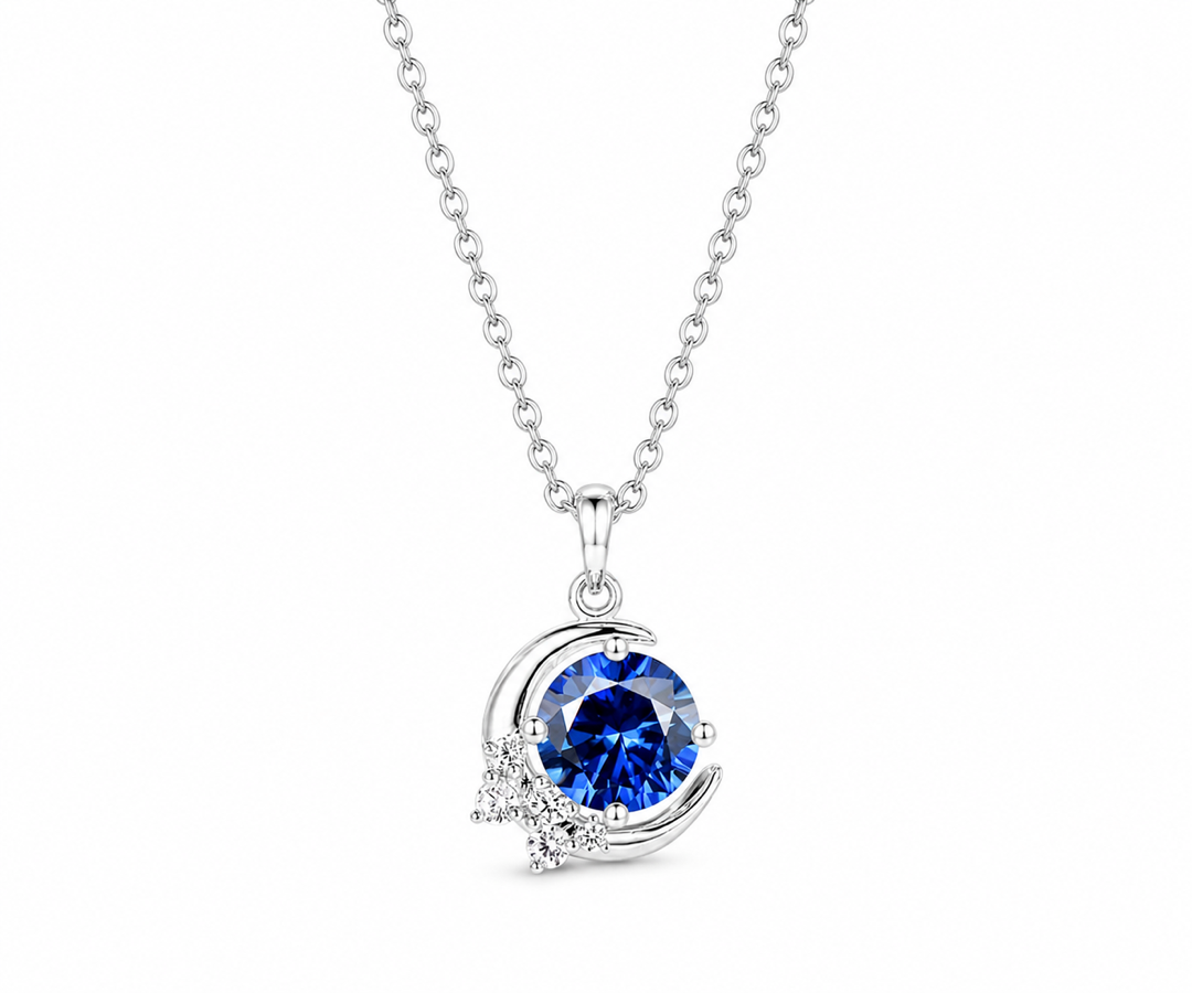 Whispervow Vintage round blue sapphire necklace moon cluster diamond unique Pendant women gemstone anniversary gift product view 3 of 4