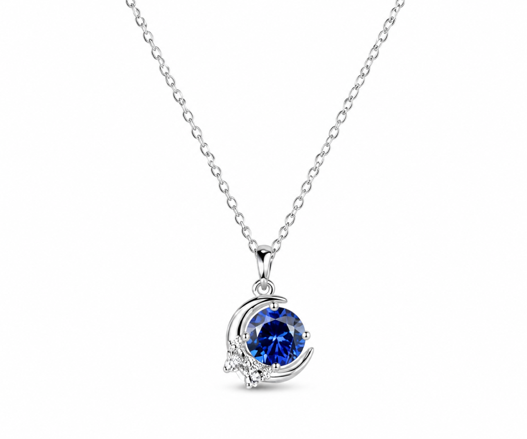Whispervow Vintage round blue sapphire necklace moon cluster diamond unique Pendant women gemstone anniversary gift product view 4 of 4