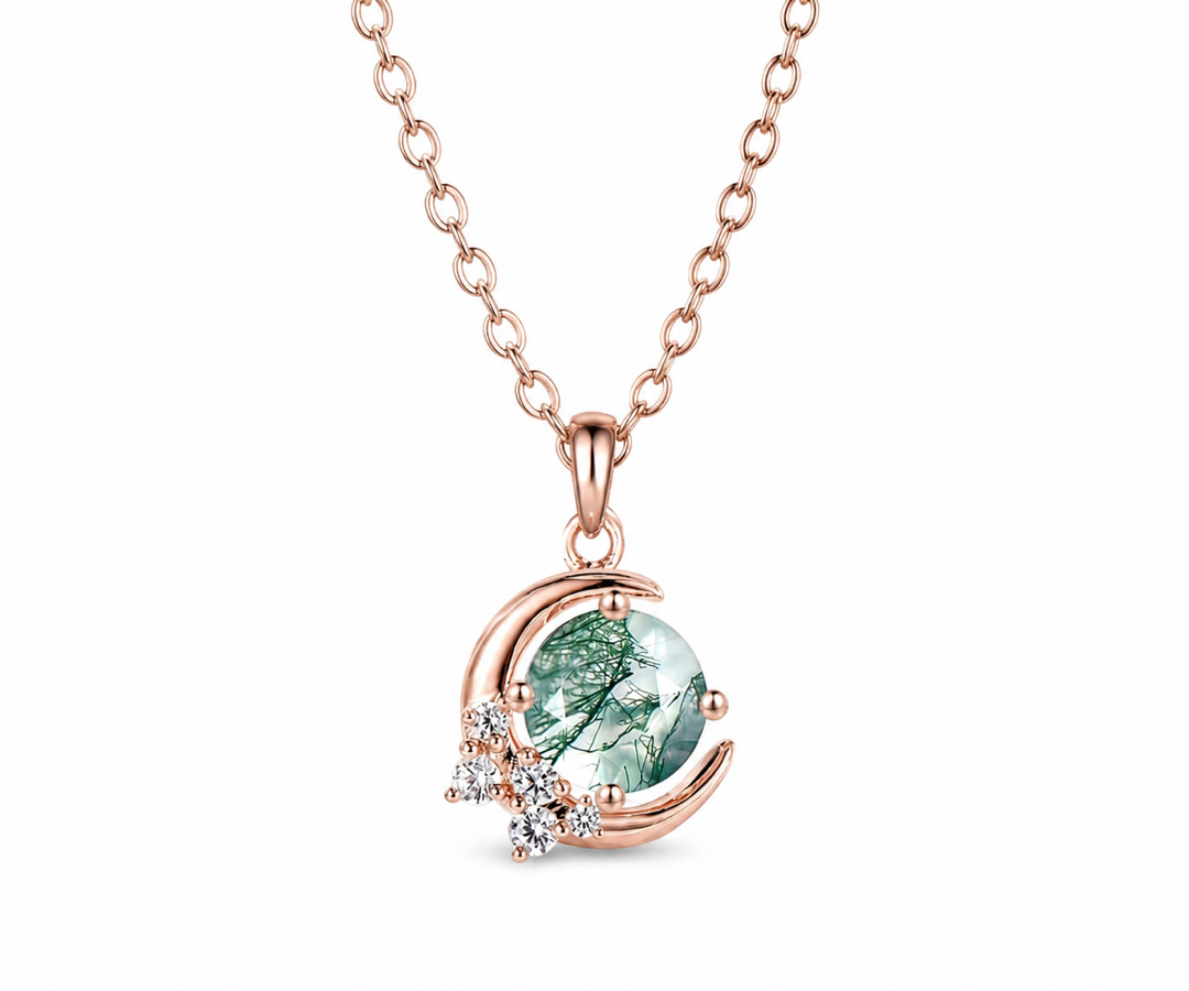 Whispervow Vintage round cut green moss agate necklace moon cluster diamond unique Pendant women anniversary product view 1 of 4