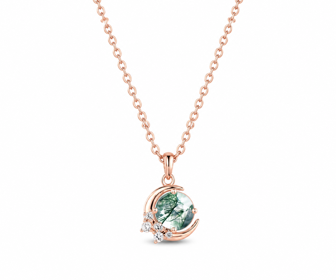 Whispervow Vintage round cut green moss agate necklace moon cluster diamond unique Pendant women anniversary product view 2 of 4