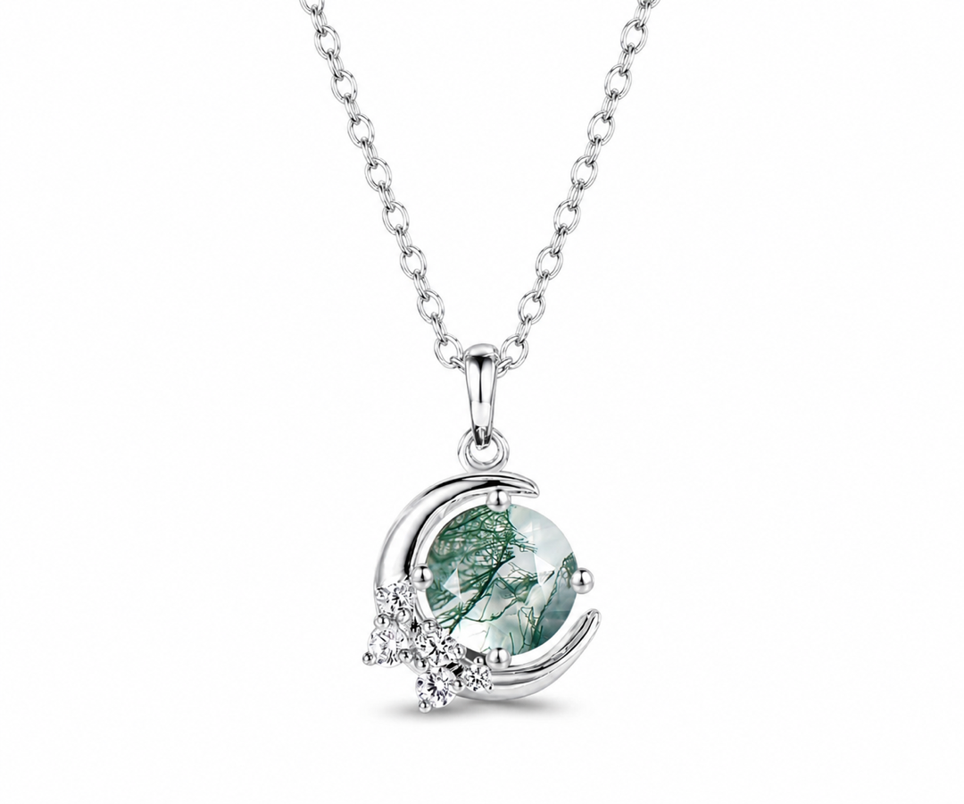 Whispervow Vintage round cut green moss agate necklace moon cluster diamond unique Pendant women anniversary product view 4 of 4