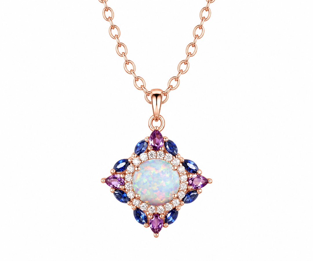 Whispervow Vintage round white opal necklace art deco double halo moissanite amethyst sapphire necklace Pendant product view 1 of 4