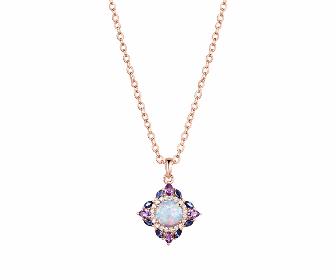 Whispervow Vintage round white opal necklace art deco double halo moissanite amethyst sapphire necklace Pendant product view 2 of 4