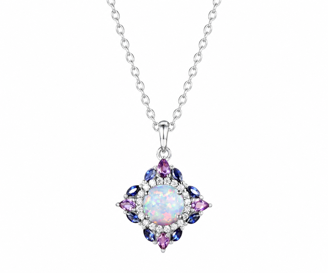 Whispervow Vintage round white opal necklace art deco double halo moissanite amethyst sapphire necklace Pendant product view 3 of 4