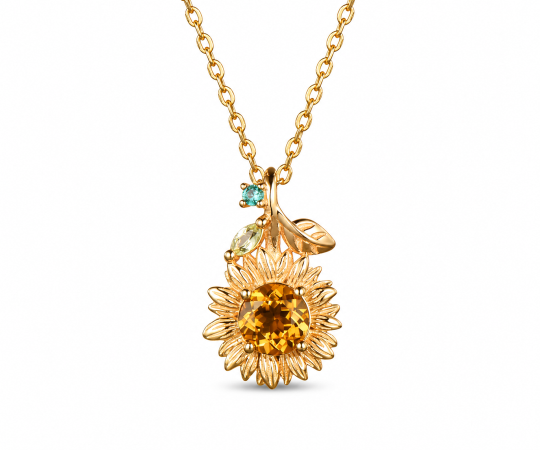 Whispervow Vintage Sunflower Necklace Round Cut Citrine With Emerald Marquise Peridot Leaf Nature Inspired Floral product view 1 of 4