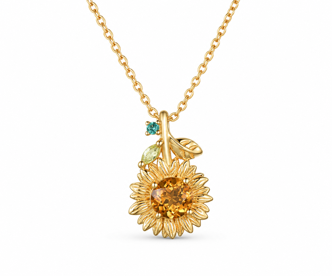 Whispervow Vintage Sunflower Necklace Round Cut Citrine With Emerald Marquise Peridot Leaf Nature Inspired Floral product view 3 of 4