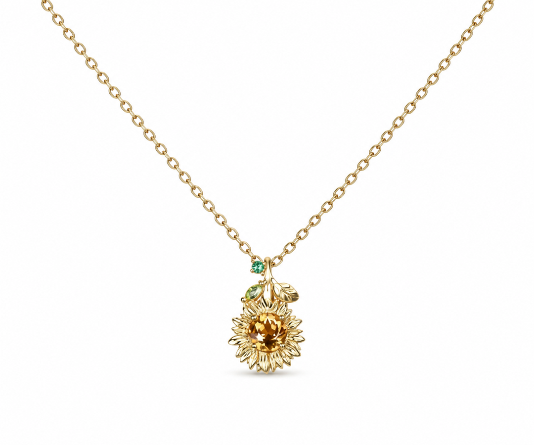 Whispervow Vintage Sunflower Necklace Round Cut Citrine With Emerald Marquise Peridot Leaf Nature Inspired Floral product view 4 of 4