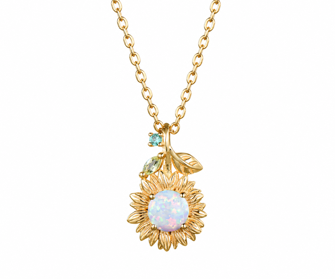 Whispervow Vintage White Opal Sunflower Necklace Round Cut Fire Opal With Emerald Peridot Leaf Floral product view 1 of 4
