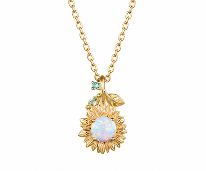Whispervow Vintage White Opal Sunflower Necklace Round Cut Fire Opal With Emerald Peridot Leaf Floral product view 1 of 4