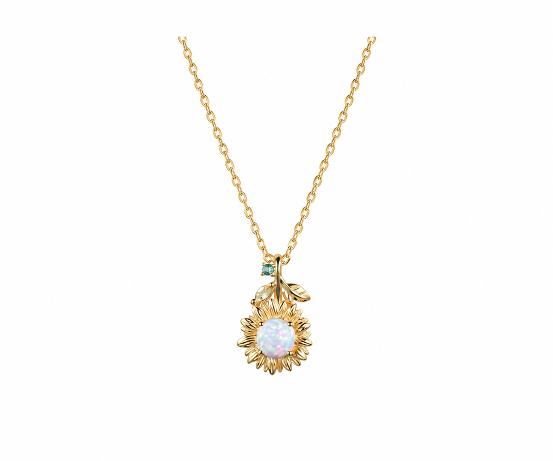 Whispervow Vintage White Opal Sunflower Necklace Round Cut Fire Opal With Emerald Peridot Leaf Floral product view 2 of 4