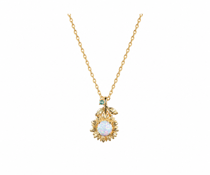Whispervow Vintage White Opal Sunflower Necklace Round Cut Fire Opal With Emerald Peridot Leaf Floral product view 2 of 4